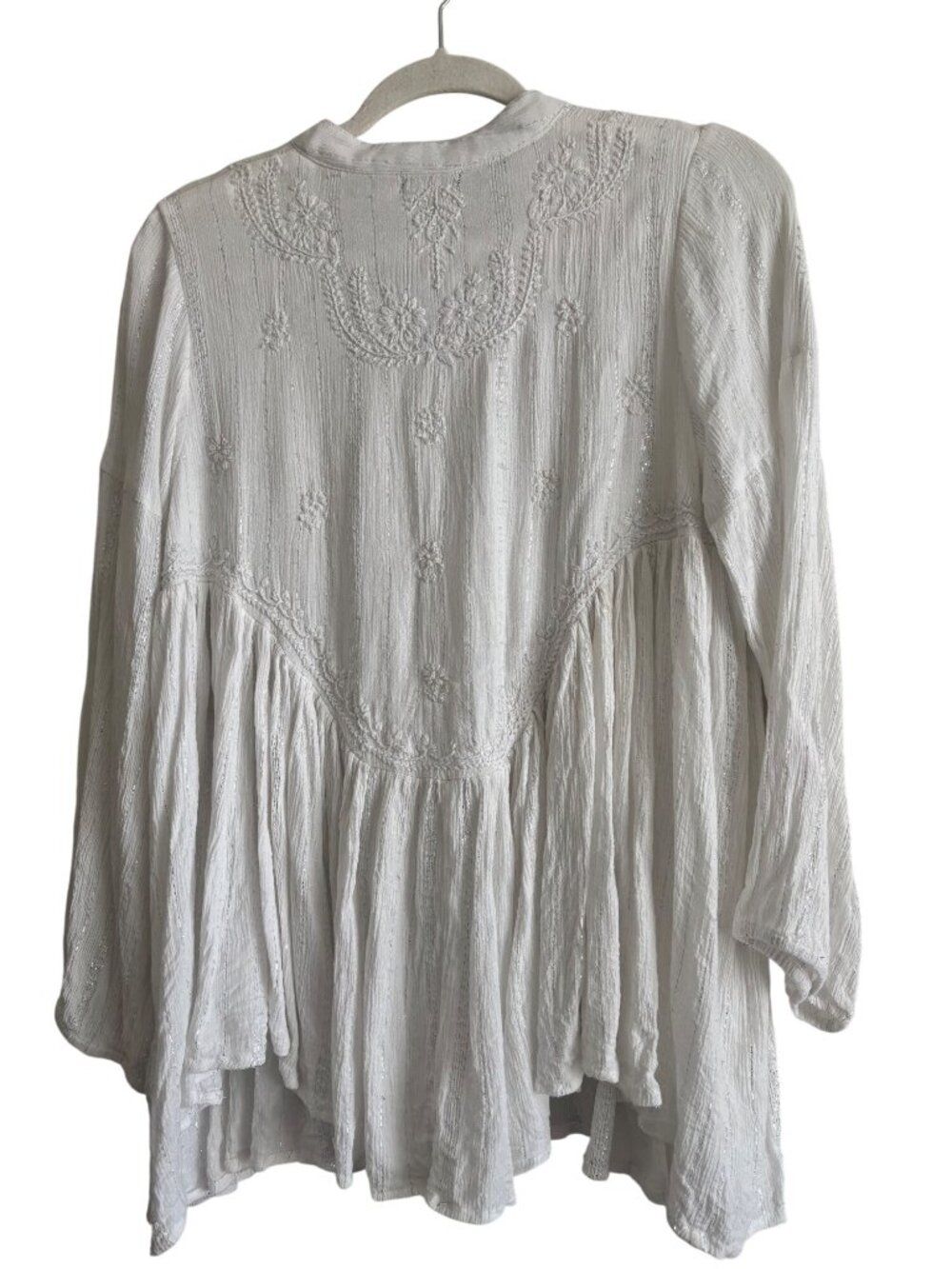 Nostalgia Boho Style White Embroidered Metallic Detail Blouse With Tassels M
